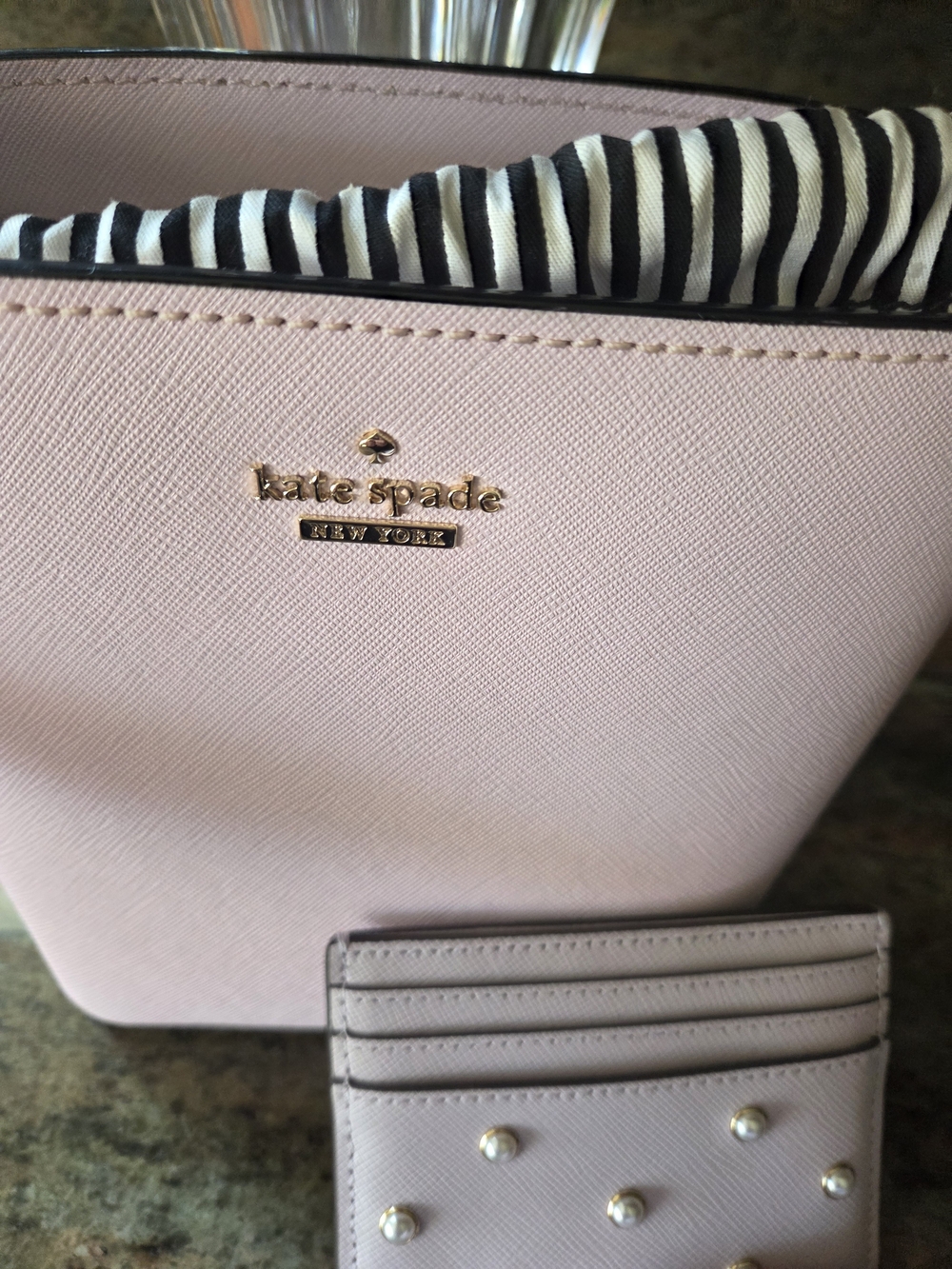 kate spade Light Pink Saffiano Leather Bucket Bag with Pearl Accent Card Holder - Picture 2 of 13